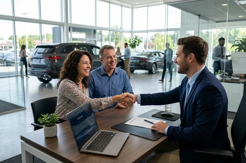 DriveWise lending specialist reviewing a car loan application with a client in a bright modern office